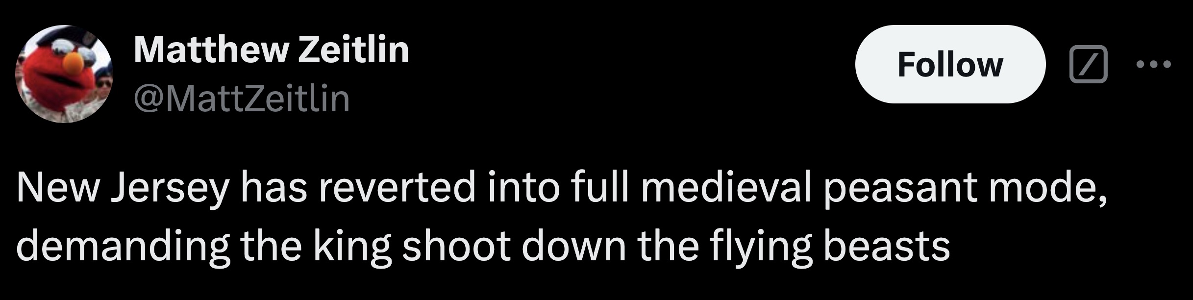 parallel - Matthew Zeitlin New Jersey has reverted into full medieval peasant mode, demanding the king shoot down the flying beasts